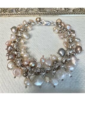 Freshwater Pearl 925 Cluster Link Bracelet 7.5”